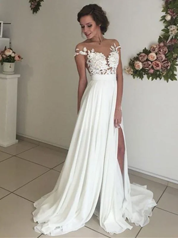 Exclusive Discounts Just for You A Line See Through Ivory Lace Wedding Dresses, Ivory Lace Prom Dresses, Formal Dresses, Beach Wedding Dresses