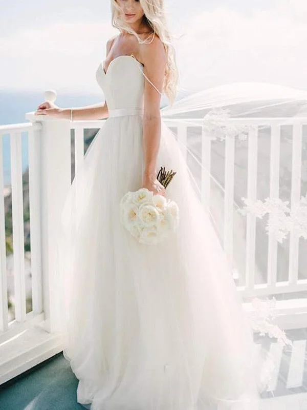 Best Offers A Line Sweetheart Neck  Ivory Wedding Dress with Sash, Sweetheart Neck Formal Dresses, Prom Dresses