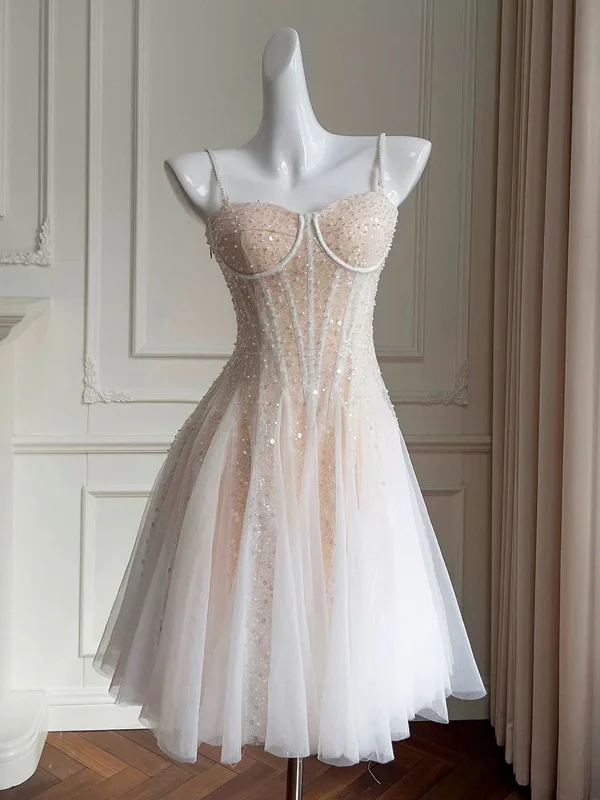 Weekend Deals Galore A Line Sweetheart Neck Sequin Champagne Short Tulle Prom Dresses, Cute Knee Length Sequin Champagne Formal Evening Homecoming Dresses