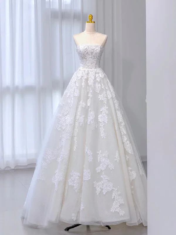 A-Line Tulle Lace ivory Sweep Train Long Wedding Dress