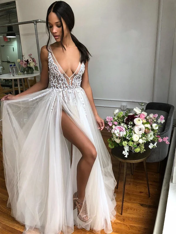 Limited-Time Discount A Line V Neck Backless Beaded Tulle Prom Dresses, Ivory V Neck Backless Tulle Wedding Dresses, Evening Dresses