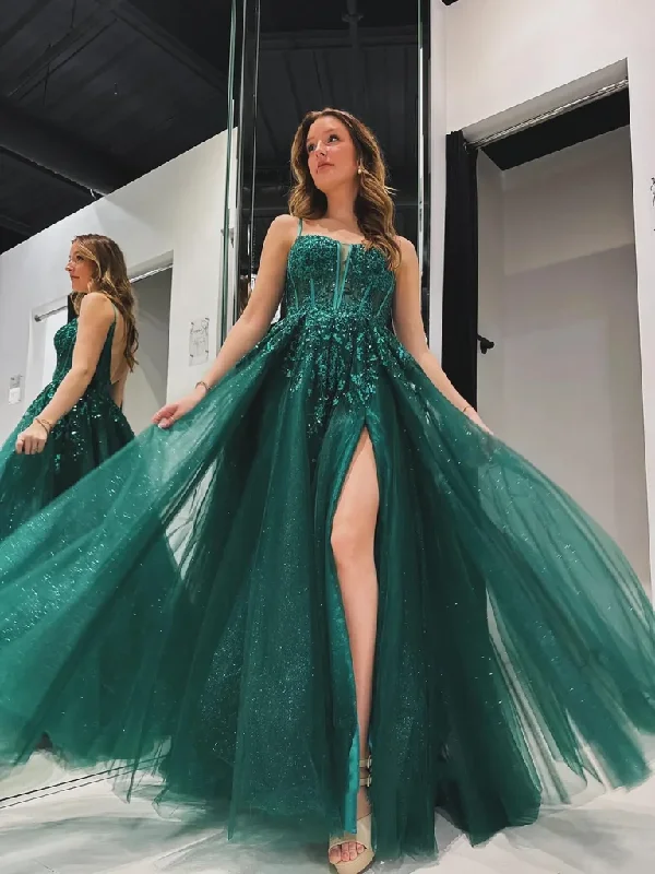 Weekend Promo Offers A Line V Neck Backless Green Lace Long Prom Dresses with High Slit, Green Lace Backless Formal Evening Graduation Dresses