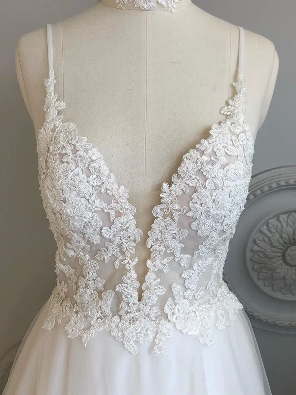Mega Sale A Line V Neck Backless White Lace Prom Dresses, Backless White Lace Wedding Dress, Lace Bridesmaid Dresses