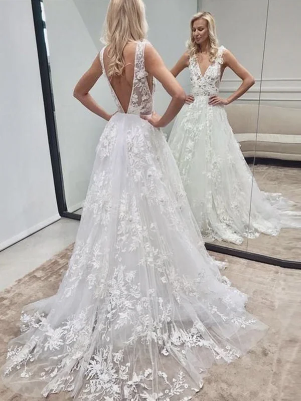 Weekend Mega Deals A Line V Neck Backless White Lace Wedding Dresses, White Lace Prom Evening Dresses Weekend Mega Deals A Line V Neck Backless White Lace Wedding Dresses, White Lace Prom Evening Dresses