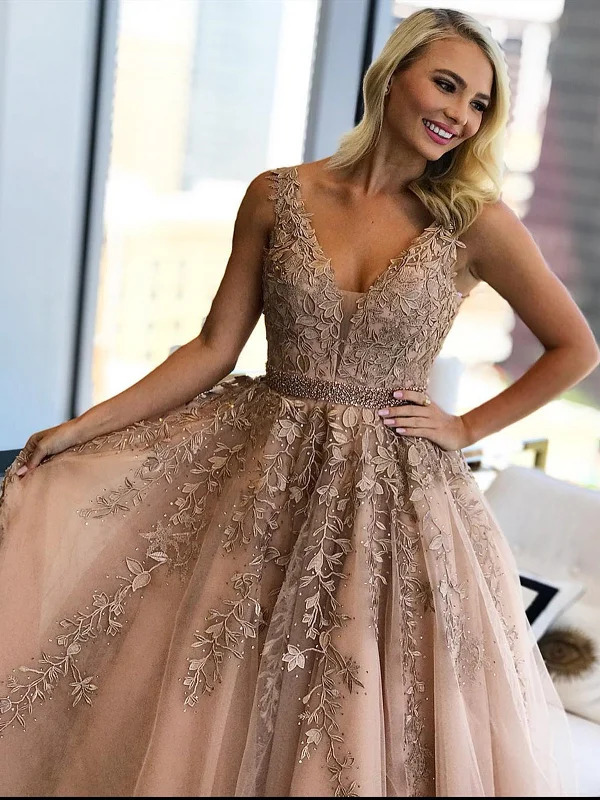 Weekend Bargain Shopping A Line V Neck Champagne Lace Prom Dresses, Champagne Lace Formal Graduation Wedding Dresses
