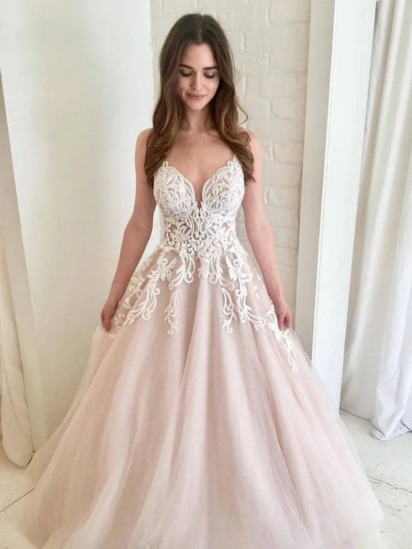 Weekend Sale Day A Line V Neck Champagne Tulle Prom Dresses with White Lace, Long Lace Wedding Dress Formal Dresses