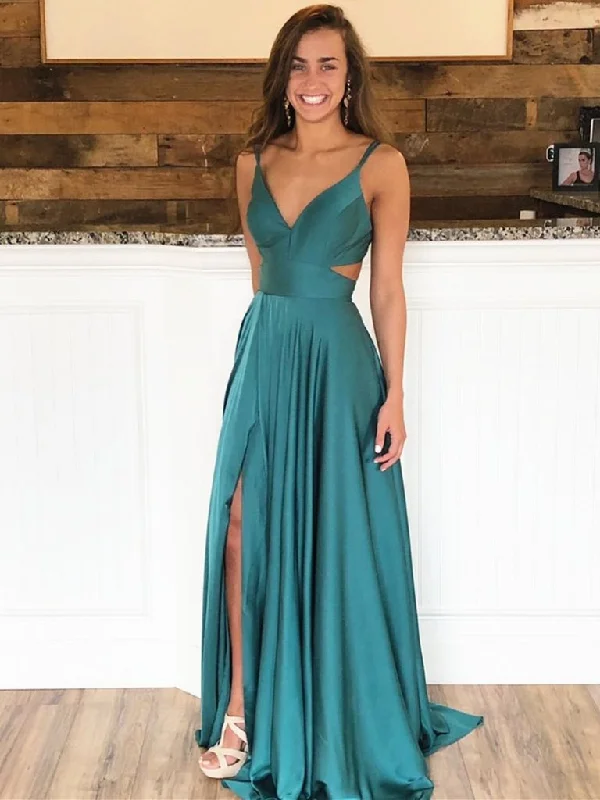 A Line V Neck Green Prom Dresses, V Neck Green Formal Evening Bridesmaid Dresses,DS1735