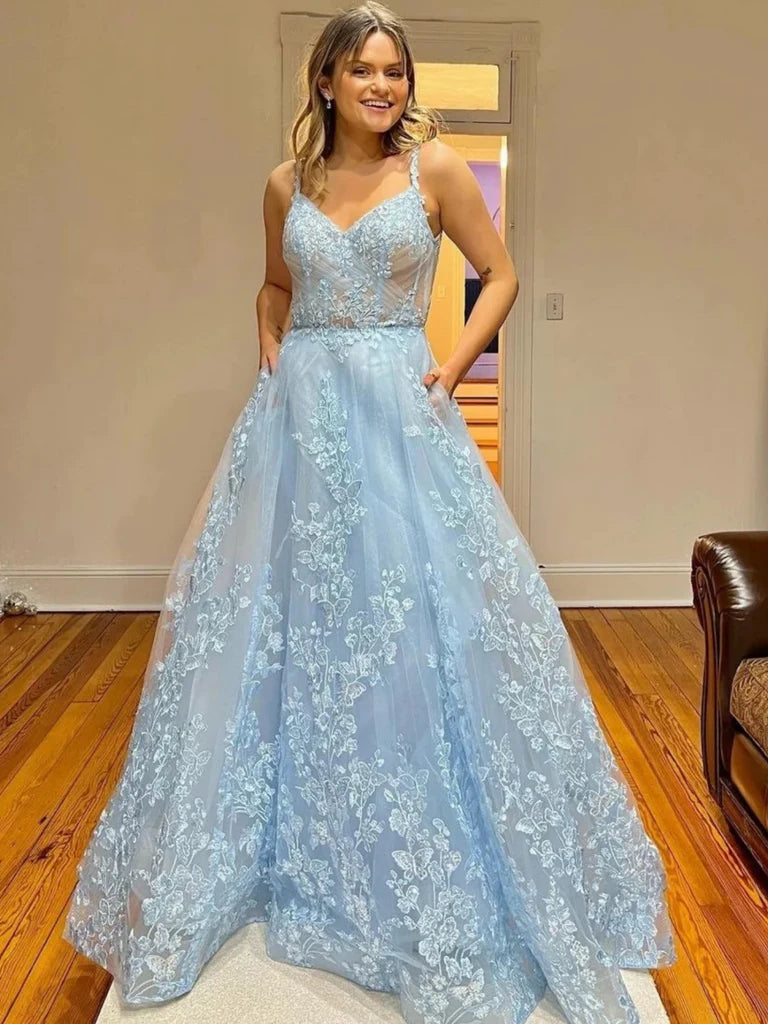 Shop & Save More A Line V Neck Light Blue Lace Long Prom Dresses, Light Blue Floral Formal Graduation Evening Dresses