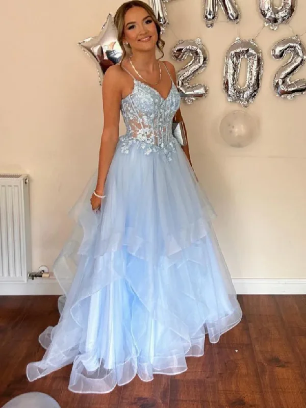 Best Price Guarantee A Line V Neck Light Blue Lace Long Prom Dresses, Light Blue Lace Long Tulle Formal Evening Dresses