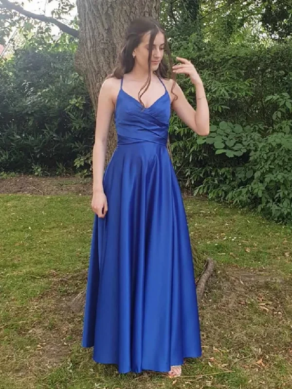Buy More, Save More A Line V Neck Open Back Royal Blue Long Prom Dresses, Royal Blue Backless Long Formal Evening Dresses