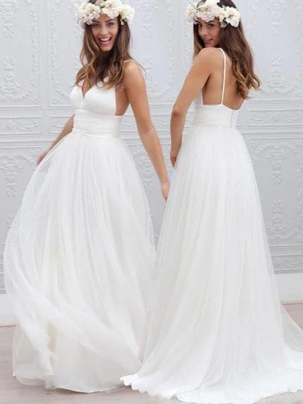 Hurry, While Stocks Last A Line V Neck Open Back White Wedding Dresses, White V Neck Prom Dresses, Formal Dresses