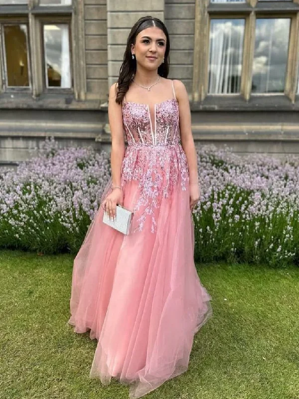 Unmissable Deals A Line V Neck Pink Lace Long Prom Dresses, A Line V Neck Pink Lace Long Formal Evening Dresses