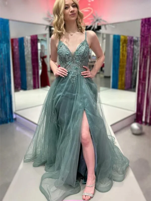 Mega Sale A Line V Neck Sage Lace Long Prom Dresses with High Slit, V Neck Sage Lace Long Formal Evening Dresses