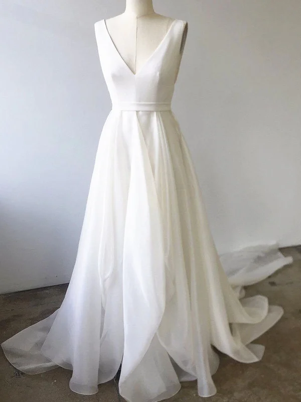 Weekend Shopping Deals A Line V Neck White Prom Dresses with Train, V Neck Formal Wedding Dresses with Train