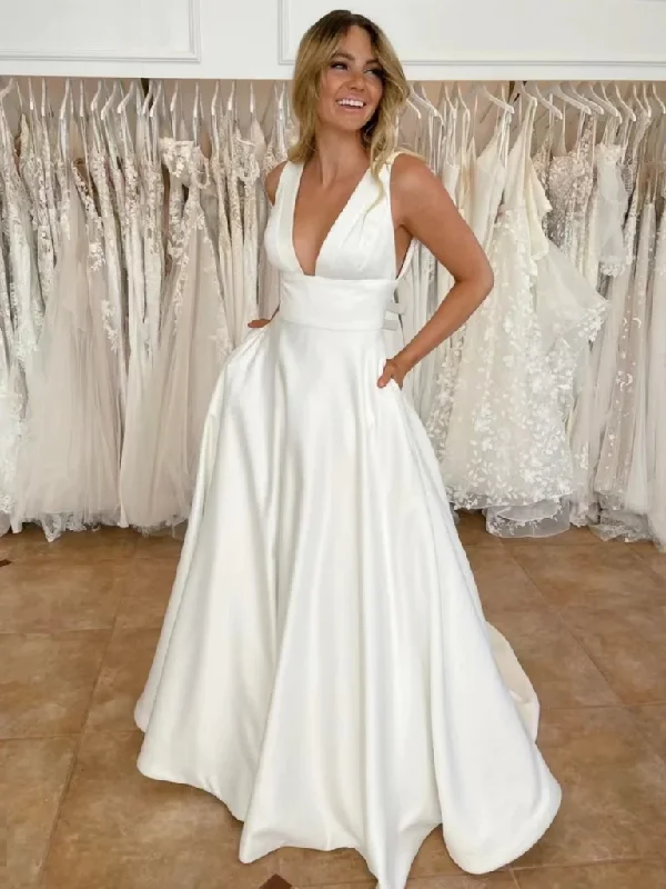 Flash Sale A Line V Neck White Satin Long Prom Dresses, V Neck White Formal Evening Graduation Dresses Flash Sale A Line V Neck White Satin Long Prom Dresses, V Neck White Formal Evening Graduation Dresses