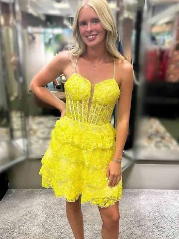Weekend Price Slash Event A Line V Neck Yellow Lace Short Layered  Prom Homecoming Dresses, Yellow Lace ShortFormal  Evening Graduation Dresses
