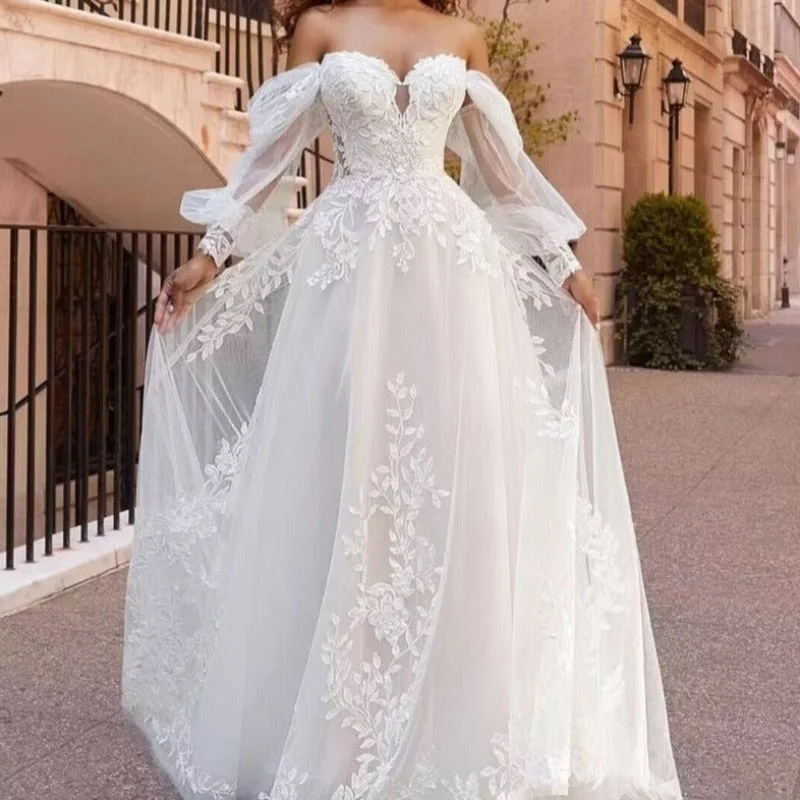 Instant Discount A-Line Wedding Dress Lace With Detachable Bishop Sleeves WD4002