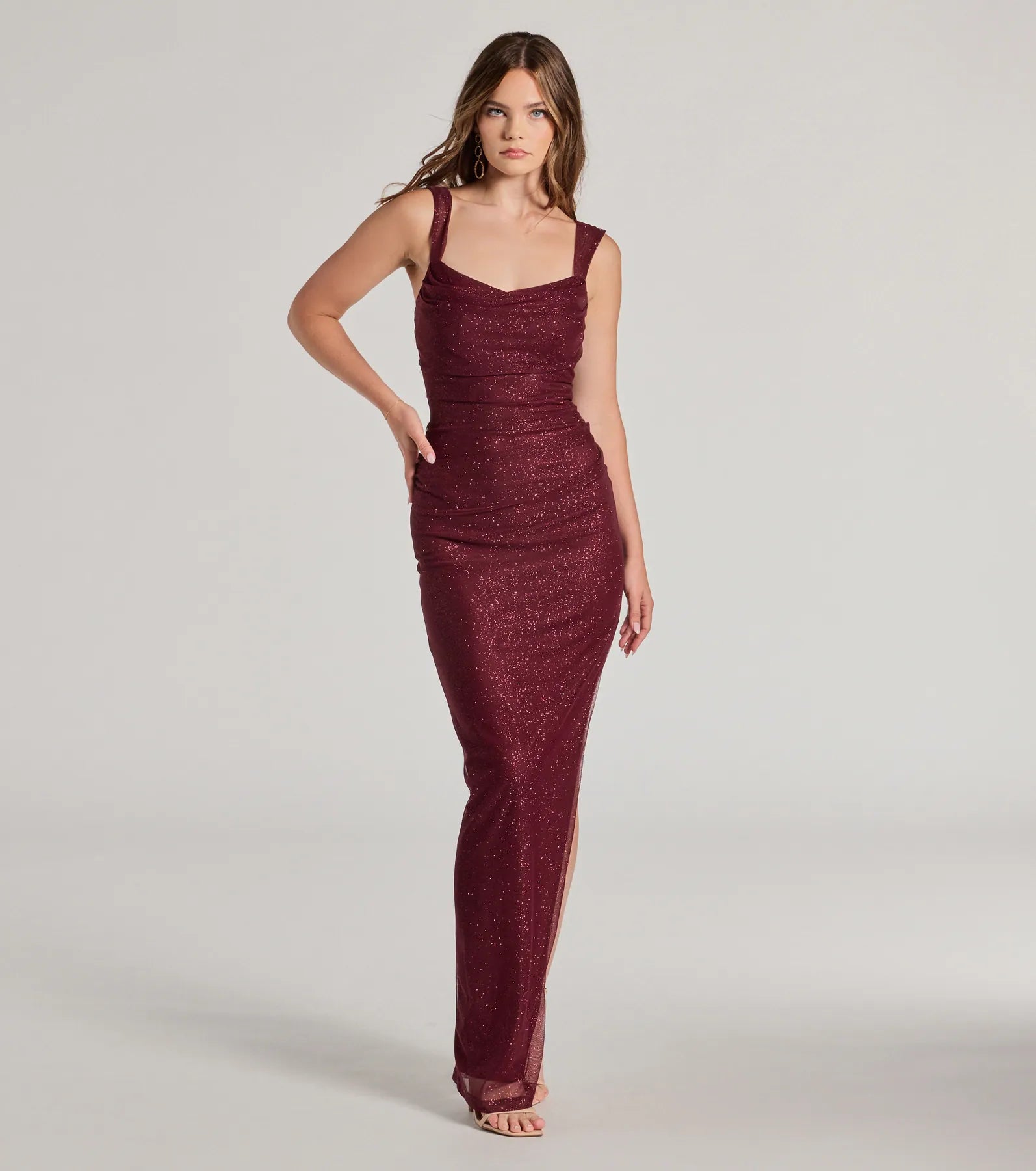 Price Slash Event Amora Glitter Mesh High Slit Formal Dress