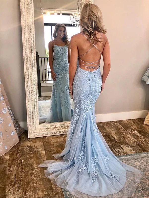 Massive Sale Event Backless Blue Mermaid Lace Prom Dresses, Backless Lace Formal Dresses, Blue Graduation Dresses, Wedding Dresses