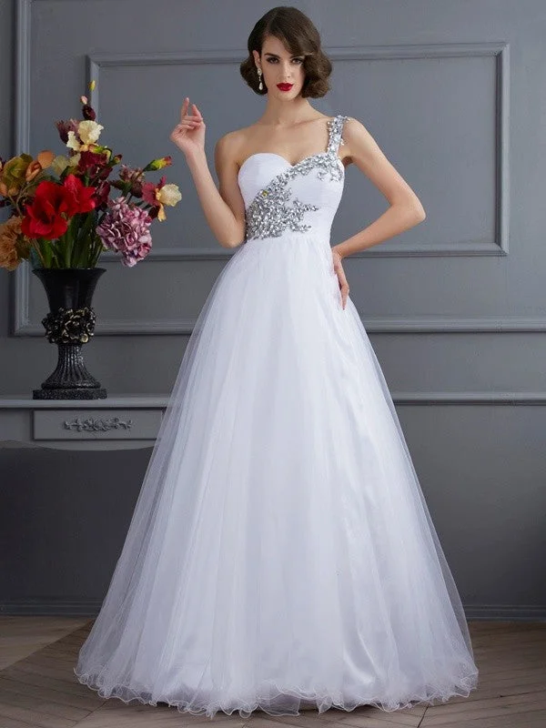 Weekend Price Drop Frenzy Ball Gown One-Shoulder Sleeveless Beading Long Tulle Quinceanera Dresses