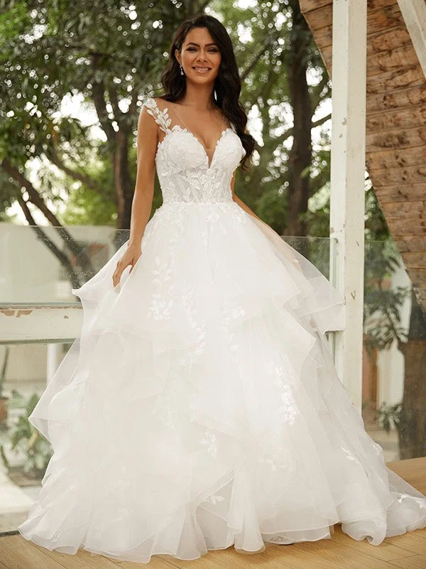Best Offers Ball Gown Tulle Applique V-neck Sleeveless Court Train Wedding Dresses
