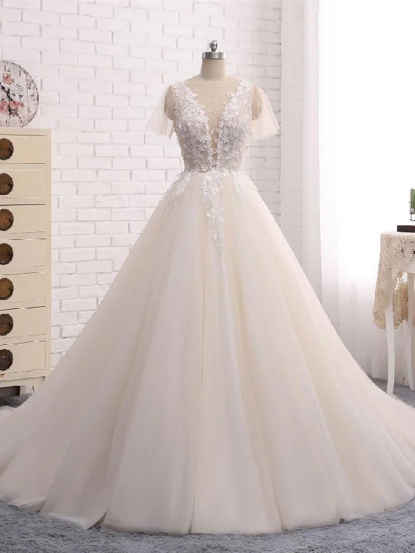 Best Deal of the Day Ball Gown Wedding Dresses Romantic Long Train Short Sleeve Lace Big Bridal Gown JKW219 Best Deal of the Day Ball Gown Wedding Dresses Romantic Long Train Short Sleeve Lace Big Bridal Gown JKW219