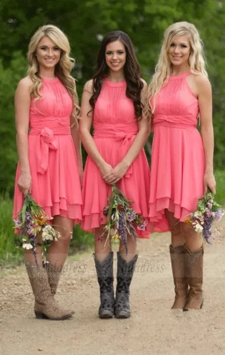 Hot Deals Beach Bridesmaid Dresses,High Low Modest Chiffon Long Wedding Guest Gowns