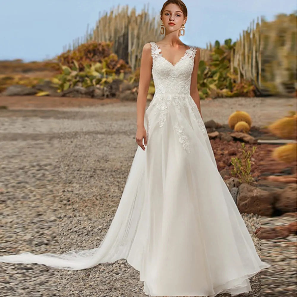 Weekend Price Slash Event Beach Wedding A-Line Organza Lace Wedding Dress