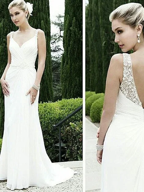 Super Savings Beach Wedding Dresses with Straps V-neck Sexy Open Back Beading Bridal Gown JKW195
