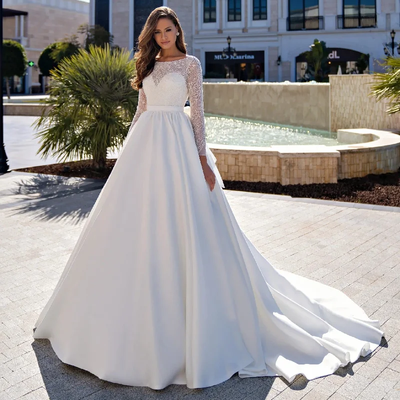 Weekend Super Sale Frenzy Beaded Ball Gown Long Sleeves Satin Wedding Dress