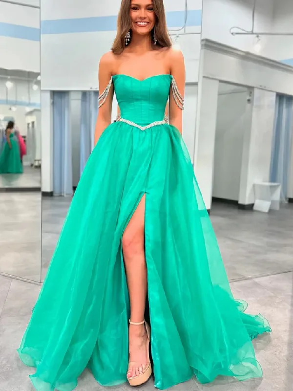 Sale of the Year Beaded Green Off The Shoulder Green Long Prom Dresses with High Slit, Off Shoulder Beaded Green Long Formal  Evening Graduation Dresses