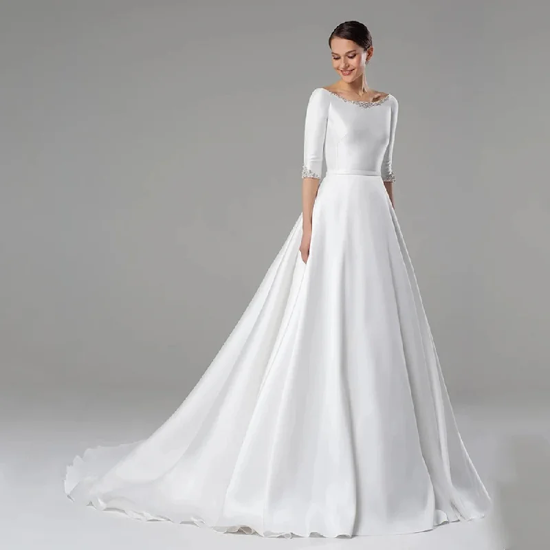 Weekend Buy One Get One Beaded Neckline Half Sleeves Satin A Line Wedding Dress