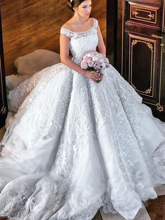 Unmissable Deals Beautiful Wedding Dresses Ball Gown Off-the-shoulder Lace Big White Bridal Gown JKW198