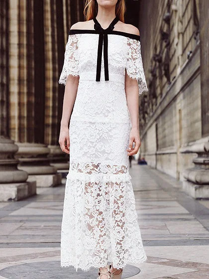 One-Day Sale Beautiful Wedding Dresses Halter Sheath Floor-length Ivory Lace Long Bridal Gown JKS281