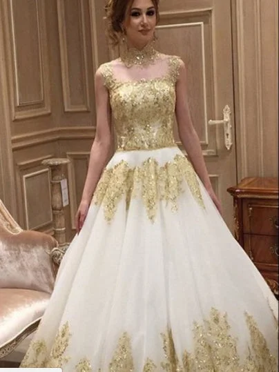 Shop Now and Save Beautiful Wedding Dresses Long Train Romantic Gold Appliques Big Bridal Gown JKW204