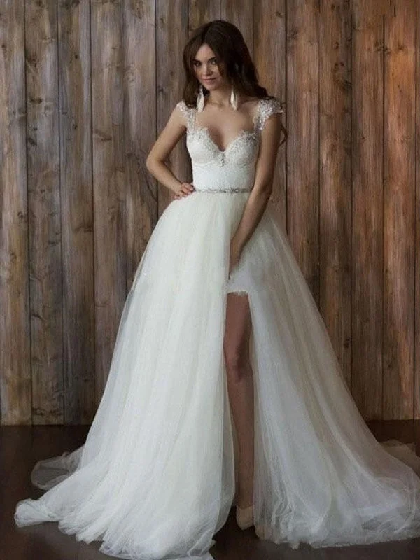 Shop & Save Instantly Beautiful Wedding Dresses Sweetheart Brush Train Sexy Lace Short Bridal Gown JKW168
