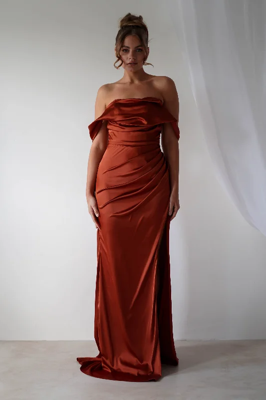 Weekend Bonanza Beth Draped Silky Satin Gown | Rust
