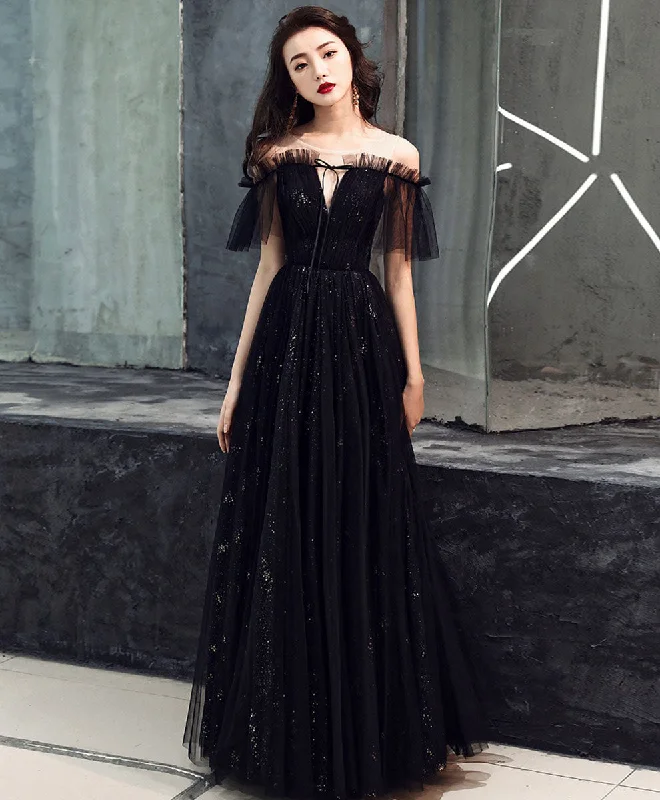 Weekend Shopping Madness Black Tulle Off Shoulder Long Prom Dress Black Formal Dress