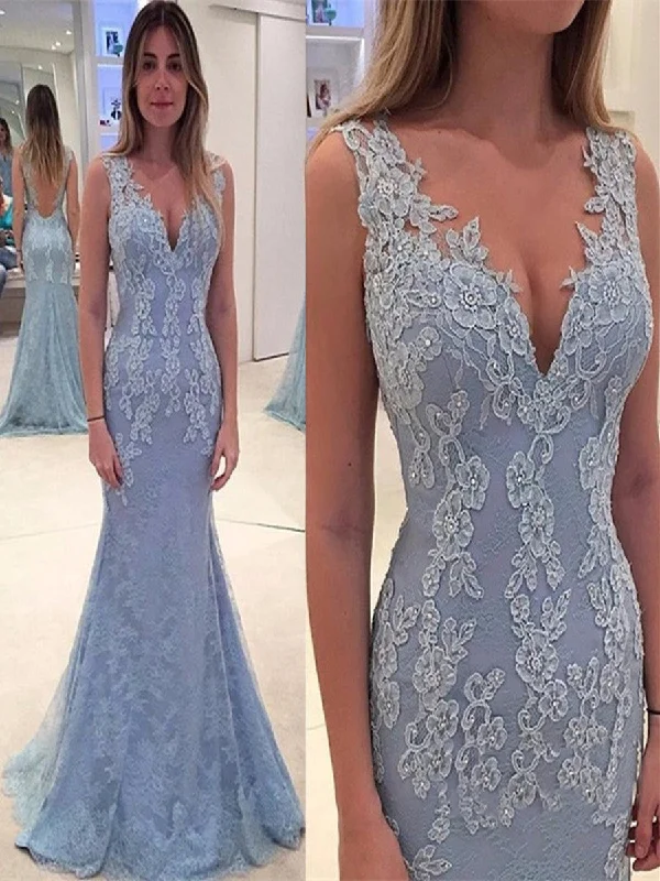Price Cut Alert Blue Mermaid V Neck Backless Lace Prom Dresses, Backless Wedding Dresses, Lace Formal Dresses, Blue Graduation Dresses, Evening Dresses