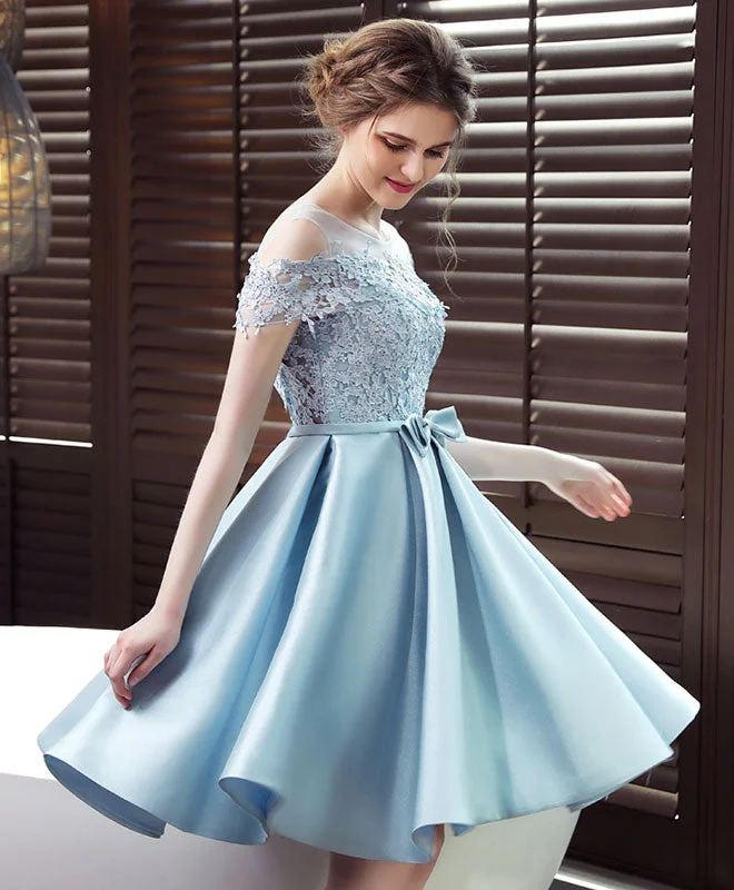 Weekend Shop Now Satin Scoop Neck Lace Blue Short Prom Dresses, Blue Homecoming Dresses