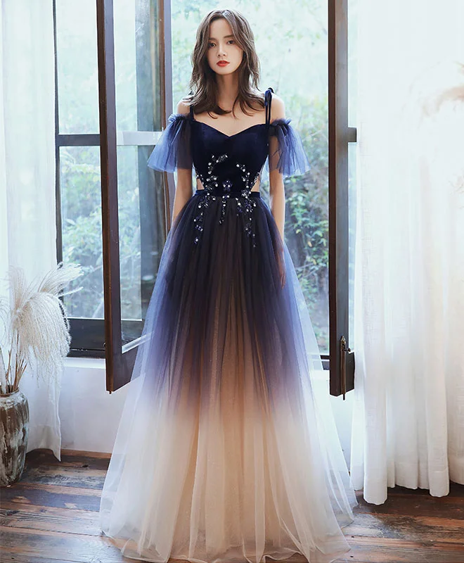 Price Slash Blue Sweetheart Tulle Off Shoulder Long Prom Dress Blue Evening Dress