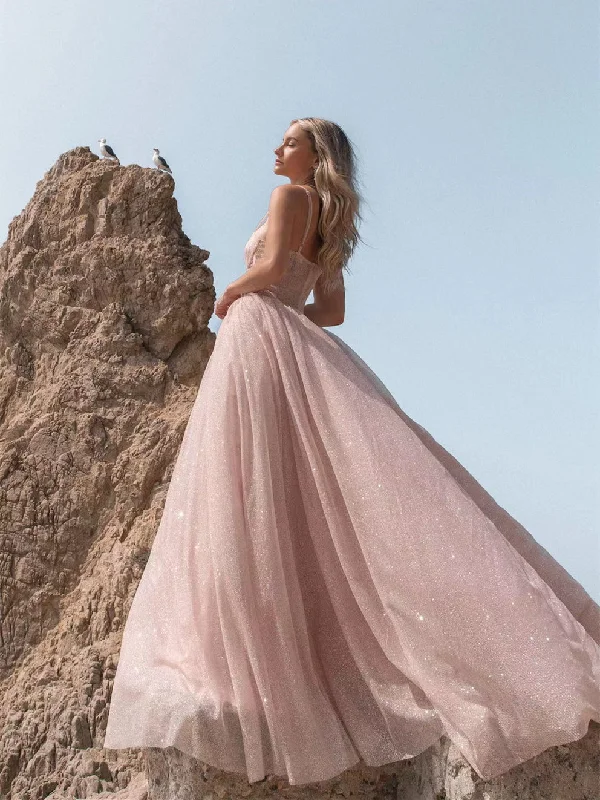 Instant Discount Blush Pink Shiny Sequin Tulle Wedding Dresses, A-line Wedding Dresses With Bones, Bridal Gown, 2022 Wedding Dresses