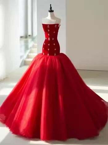 Weekend Price Slash Event Red Strapless Tulle Long Prom Dress Wedding Dress with Beads,DP1062 Weekend Price Slash Event Red Strapless Tulle Long Prom Dress Wedding Dress with Beads,DP1062