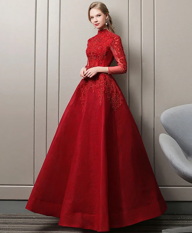 Weekend Price Drop Frenzy Burgundy Lace Long Prom Dress, Burgundy Evening Dress