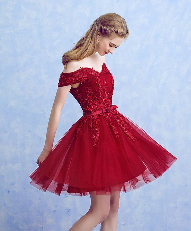 Weekend Clearance Frenzy Burgundy Lace Tulle Short Prom Dress, Burgundy Lace Homecoming Dresses