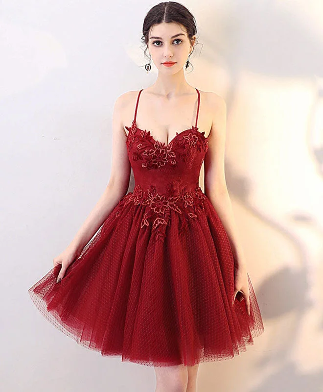 Today Only Burgundy Lace Tulle Short Prom Dress, Homecoming Dress