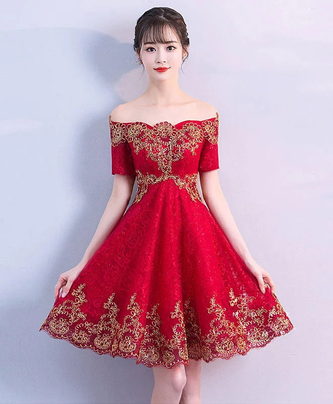 Weekend Limited-Time Offers Burgundy Off Shoulder Tulle Lace Short Prom Dress, Burgundy Evening Dress