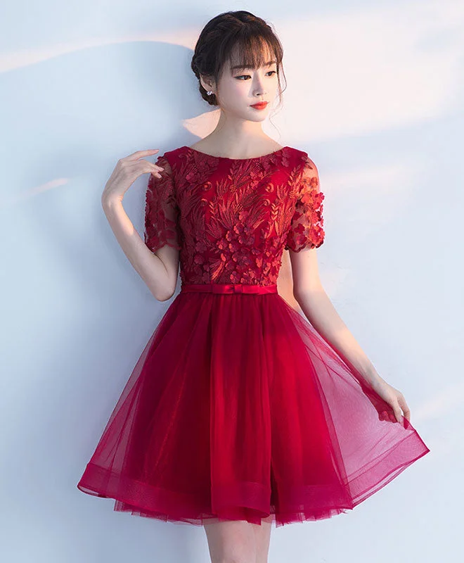 Weekend Hot Deals Burgundy Round Neck Tulle Lace Short Prom Dress, Burgundy Homecoming Dress Weekend Hot Deals Burgundy Round Neck Tulle Lace Short Prom Dress, Burgundy Homecoming Dress