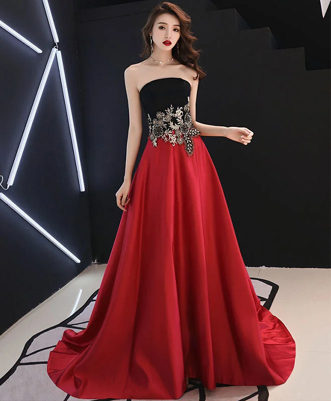 Weekend Hot Bargains Burgundy Satin Lace Long Prom Dress, Burgundy Evening Dress