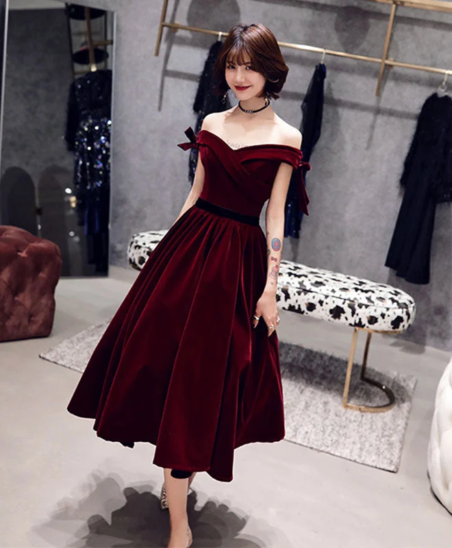 Final Sale Event Velvet Off Shoulder Burgundy Prom Dresses, Velvet Homecoming Dresses